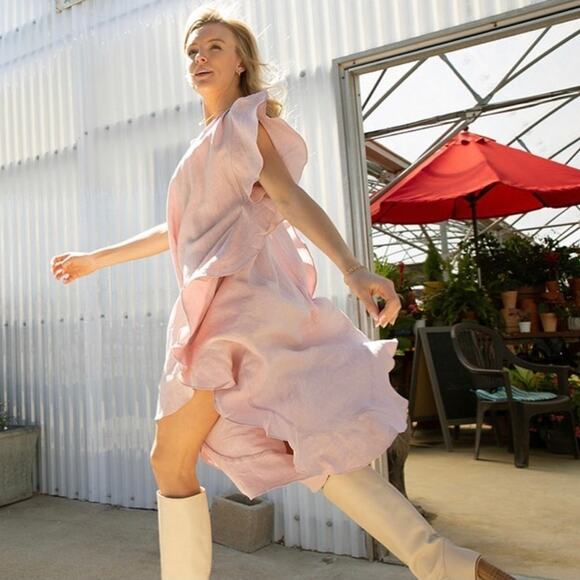 JAG Dresses & Skirts - JAG Eden Dress Midi Blush Pink Linen S/M Ruffled Coastal Summer Cottagecore Boho
